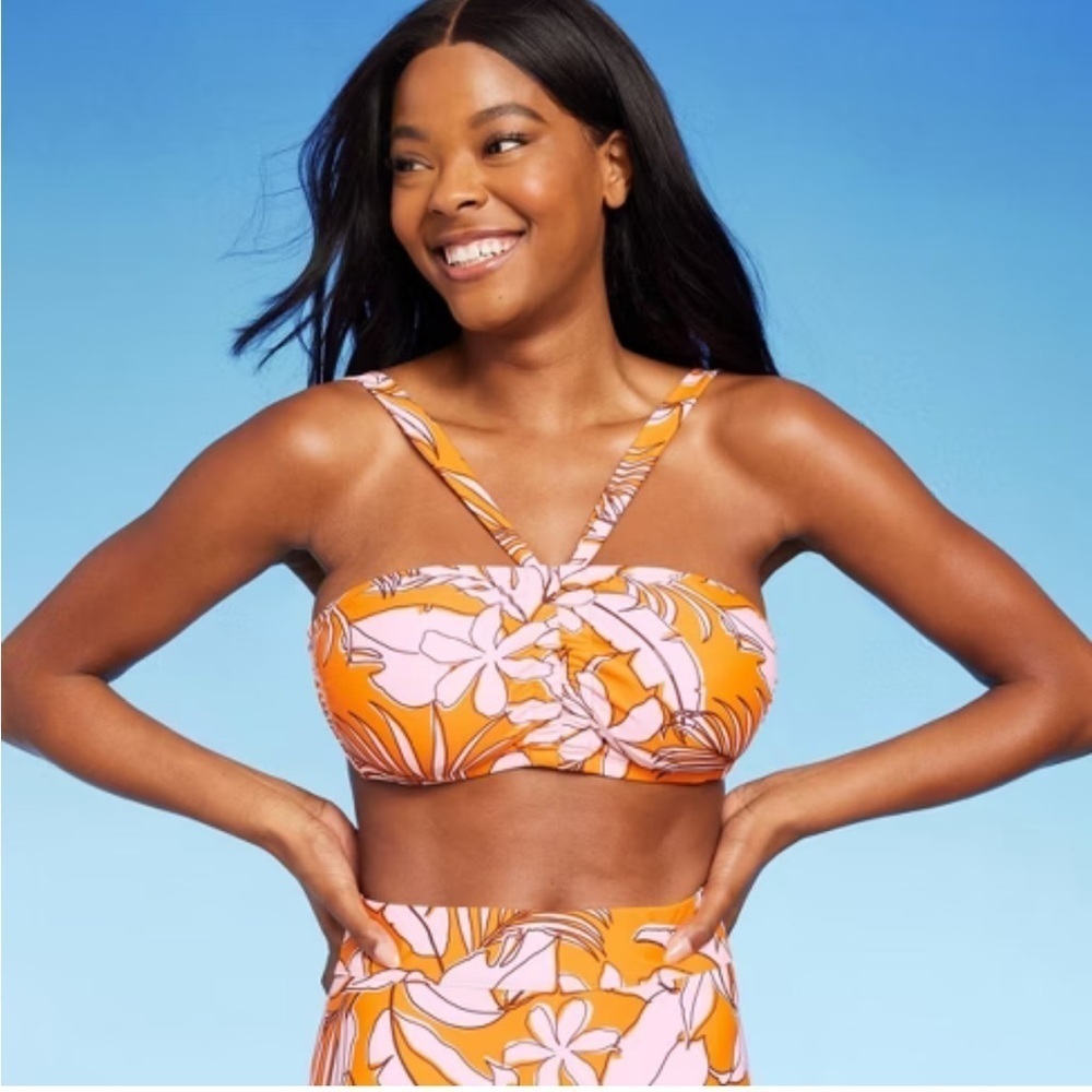 Kona Sol Orange Tropical Print Swim Top, size medium, new!